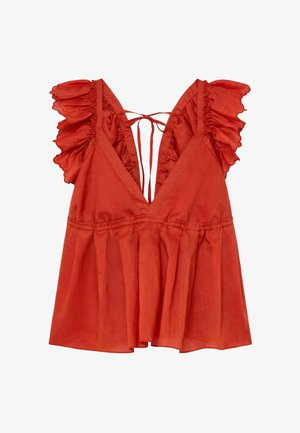 Ærmeløs bluse i rust-orange med dyb V-udskæring, flæseærmer og bindelukning bagpå. Løs pasform med rynket taljedetalje.