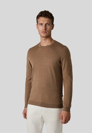 Mann mit kurzen lockigen Haaren, der einen braunen Langarmpullover und weiße Hose trägt, steht vor einem hellgrauen Hintergrund.