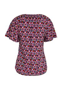Blouse à manches courtes avec encolure froncée et motif géométrique de feuilles colorées en rouge, bleu, blanc et jaune.
