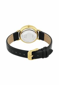 Black leather watch strap with gold-tone stainless steel case. Back has smooth finish with engravings. Adjustable buckle closure with holes.