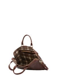 Borsa a mano in pelle marrone con apertura superiore, dotata di un interno a quadri e tasche interne. Doppio manico e dettagli in hardware dorato.