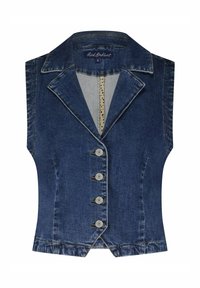 Jeansvest met een kraag, vijf knopen aan de voorkant en een getailleerd ontwerp. De kleur is donkerblauw met zichtbare stikseldetails.