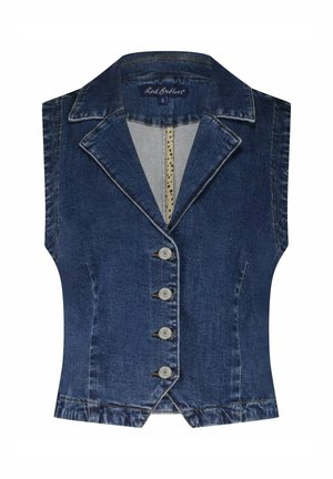 Jeansvest met een kraag, vijf knopen aan de voorkant en een getailleerd ontwerp. De kleur is donkerblauw met zichtbare stikseldetails.