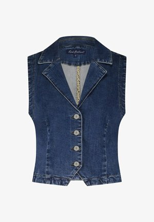 Jeansvest met een kraag, vijf knopen aan de voorkant en een getailleerd ontwerp. De kleur is donkerblauw met zichtbare stikseldetails.