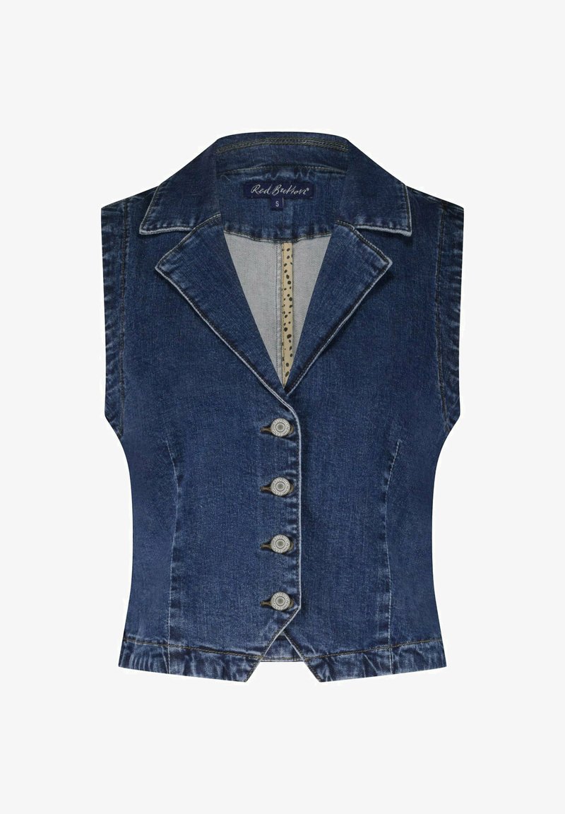 Jeansvest met een kraag, vijf knopen aan de voorkant en een getailleerd ontwerp. De kleur is donkerblauw met zichtbare stikseldetails.