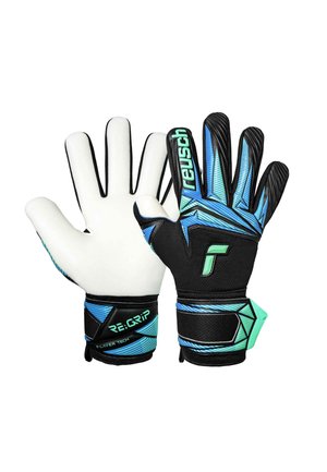 Par sorte, blå og grønne målmandshandsker med tekstureret bagside og hvide håndflader, med håndledsremme mærket "RE:GRIP" og "reusch".