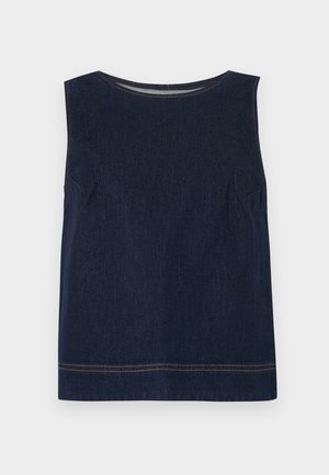 Mørkeblå denim top uden ærmer med rundet halsudskæring, sidesømme og kontrasterende orange syninger langs kanten. Enkel, kasseret design.