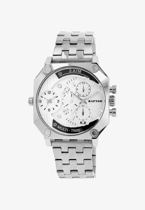 Silberne Edelstahl-Uhr mit achteckigem Gehäuse, weißem strukturierten Zifferblatt, schwarzen Akzenten, mehreren Zifferblättern und einem Gliederarmband.