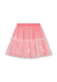 Różowa spódnica z tiulu z warstwowymi falbanami i wyszywanym cekinami pasem w talii, z subtelnymi iryzacyjnymi akcentami w całym materiale.