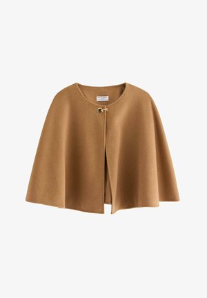 Brun uldekappe med en rund halsudskæring, der har en central lynlås i guldfarve. Blød tekstur, flydende design og uden ærmer.