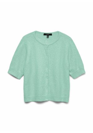 Mint green short-sleeve cardigan made from soft, lightweight fabric, featuring a round neckline, button closure, and ribbed cuffs and hem.