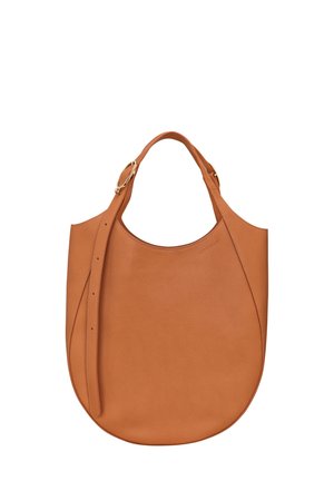 Tan leather shoulder bag with a rounded silhouette, textured finish, flat handles, and a detachable strap featuring gold-tone hardware accents.