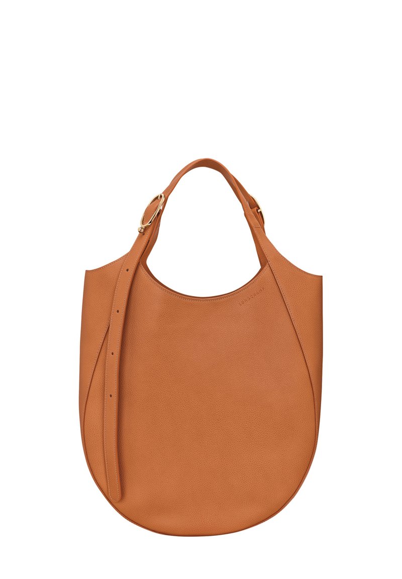 Braune Leder-Schultertasche mit runder Silhouette, strukturiertem Finish, flachen Griffen und einem abnehmbaren Riemen mit goldfarbenen Hardware-Akzenten.