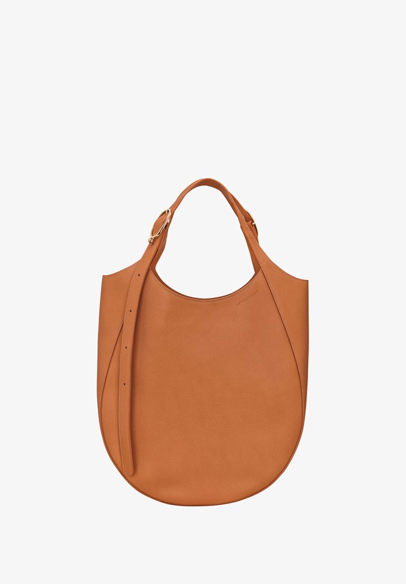 Braune Leder-Schultertasche mit runder Silhouette, strukturiertem Finish, flachen Griffen und einem abnehmbaren Riemen mit goldfarbenen Hardware-Akzenten.