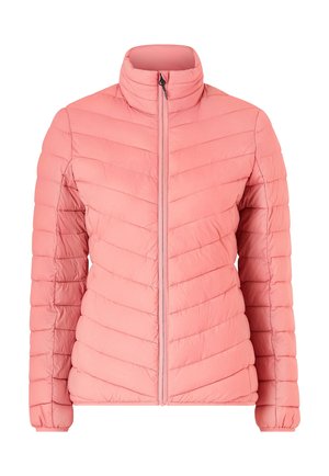 Lichtroze doorgestikte gewatteerde jas met een hoge kraag en een ritssluiting aan de voorkant, met horizontale en diagonale stikpatronen.
