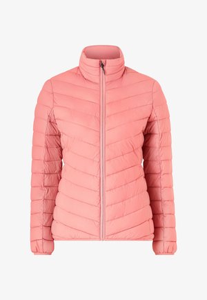 Lichtroze doorgestikte gewatteerde jas met een hoge kraag en een ritssluiting aan de voorkant, met horizontale en diagonale stikpatronen.