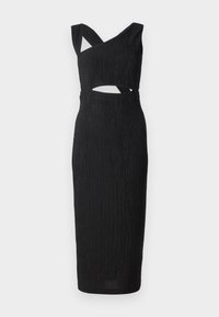 Zwarte, geribbelde midi-jurk met een crossover-bovenstuk, uitsparing bij de taille en brede bandjes, gemaakt van textuurstof.