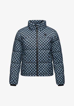 Puffer jacket with a blue and black geometric pattern, quilted texture, high collar, and zippered front closure. Black cuffs and hem.