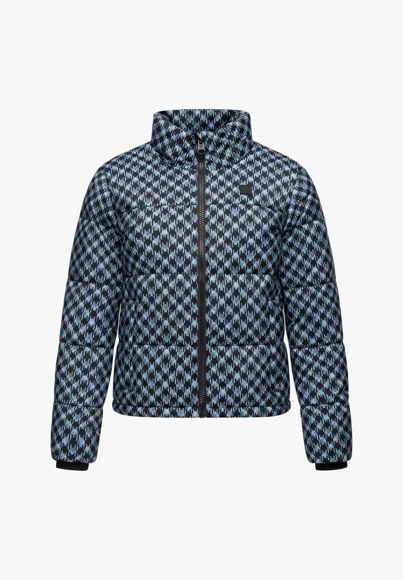 Puffer jacket with a blue and black geometric pattern, quilted texture, high collar, and zippered front closure. Black cuffs and hem.