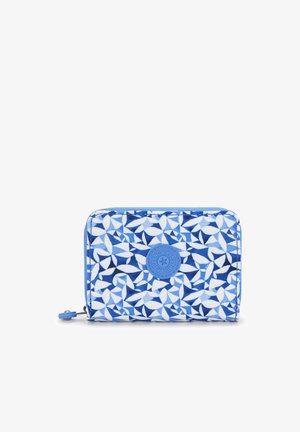 Blue and white patterned zip wallet made of synthetic material; features a circular logo and a pull tab. Rectangular shape with rounded corners.
