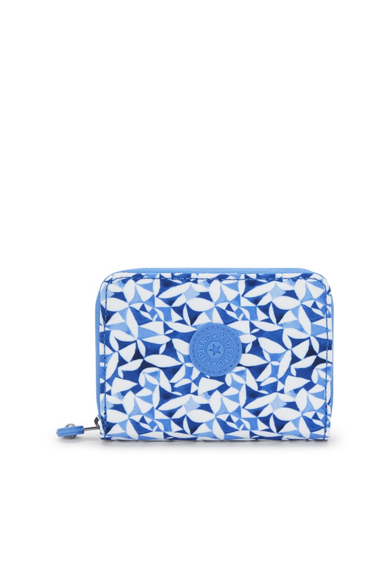 Niebieski i biały portfel na zamek z nadrukiem, wykonany z materiału syntetycznego; posiada okrągłe logo i uchwyt. Prostokątny kształt z zaokrąglonymi kątami.