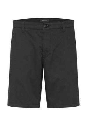 Black shorts made of textured fabric. They feature a button closure and a classic design with side pockets.