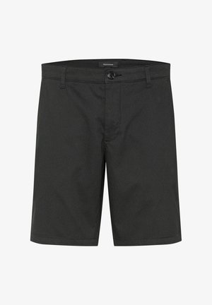 Black shorts made of textured fabric. They feature a button closure and a classic design with side pockets.