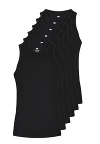 Sorte bomulds tank tops i en pakke med syv, der har en rund halsudskæring og en blød tekstur, uden synlige mønstre eller hardware-detaljer.