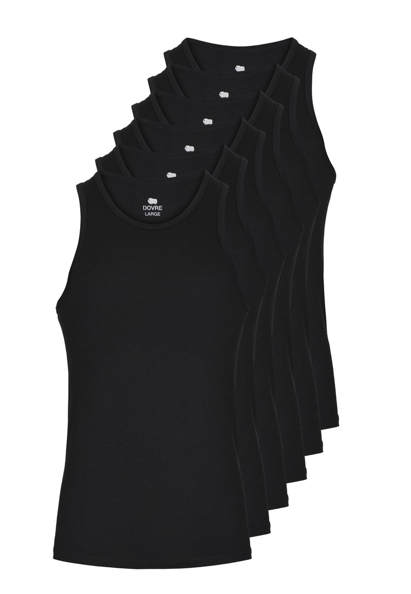 Sorte bomulds tank tops i en pakke med syv, der har en rund halsudskæring og en blød tekstur, uden synlige mønstre eller hardware-detaljer.