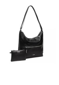 Borsa a tracolla in pelle nera con forma arrotondata, dotata di tasca frontale con cerniera. Include una piccola pochette coordinata con zip. Texture liscia.