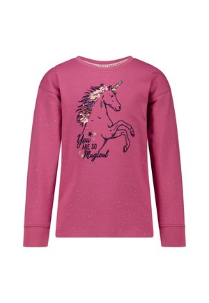 Rosa langärmliges Shirt mit funkelnden Akzenten, das ein Einhorn-Design und den Text "Du bist so magisch" in Schwarz und Gold zeigt.