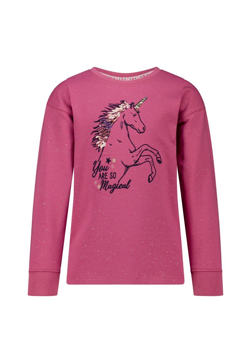 Roze langarmshirt met glinsterende accenten, met een eenhoornafbeelding en de tekst "Je bent zo magisch" in zwart en goud.