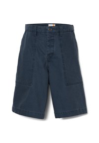 Pantaloni corti blu navy in cotone, con chiusura a bottone, due tasche laterali e un taglio di lunghezza media con vestibilità dritta.