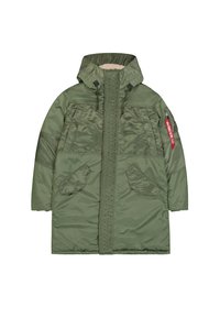 Parka lunga verde oliva in nylon lucido con cappuccio foderato in pelliccia sintetica, due tasche anteriori e tasca con zip sulla manica.