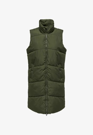Polstret ærmeløs vest i mørk olivengrønn, med høy krage, frontglidelås og sidelommer med knappelukking. Glatt tekstur.