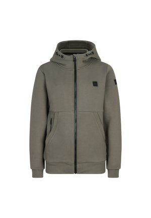Hoodie vert olive en tissu doux, avec un col montant, une fermeture éclair, deux poches latérales et des cordons de serrage ajustables sur la capuche.