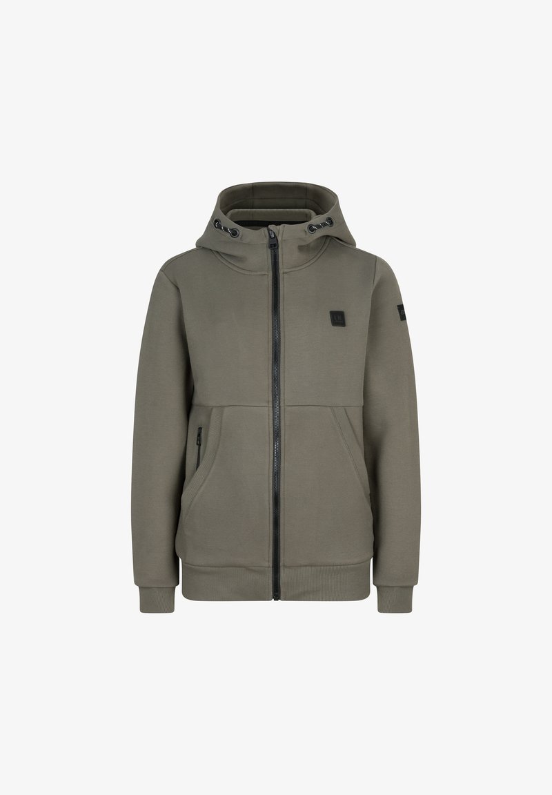 Hoodie vert olive en tissu doux, avec un col montant, une fermeture éclair, deux poches latérales et des cordons de serrage ajustables sur la capuche.