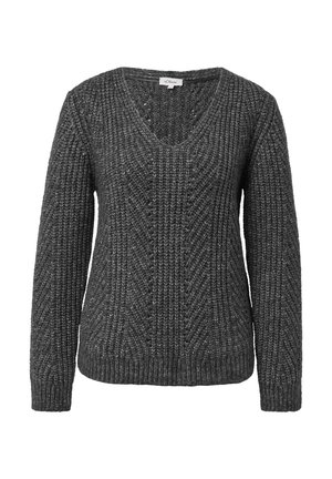 Dunkelgrauer Strickpullover mit V-Ausschnitt, langen Ärmeln, strukturiertem Muster und geripptem Saum. Hergestellt aus einem weichen, voluminösen Garn.