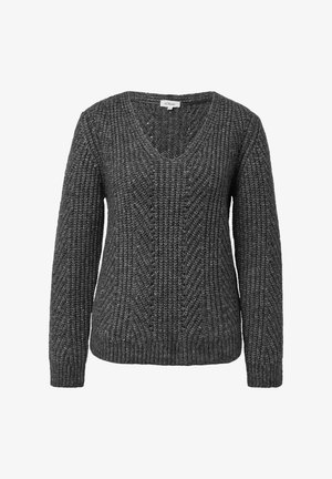 Dunkelgrauer Strickpullover mit V-Ausschnitt, langen Ärmeln, strukturiertem Muster und geripptem Saum. Hergestellt aus einem weichen, voluminösen Garn.