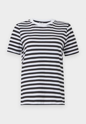 Camiseta de rayas negras y blancas hecha de algodón suave, con cuello redondo y mangas cortas, con rayas horizontales uniformemente espaciadas.