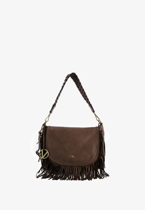 Brown leather handbag with braided shoulder strap, fringed accents along the bottom, and a decorative gold-colored logo charm.