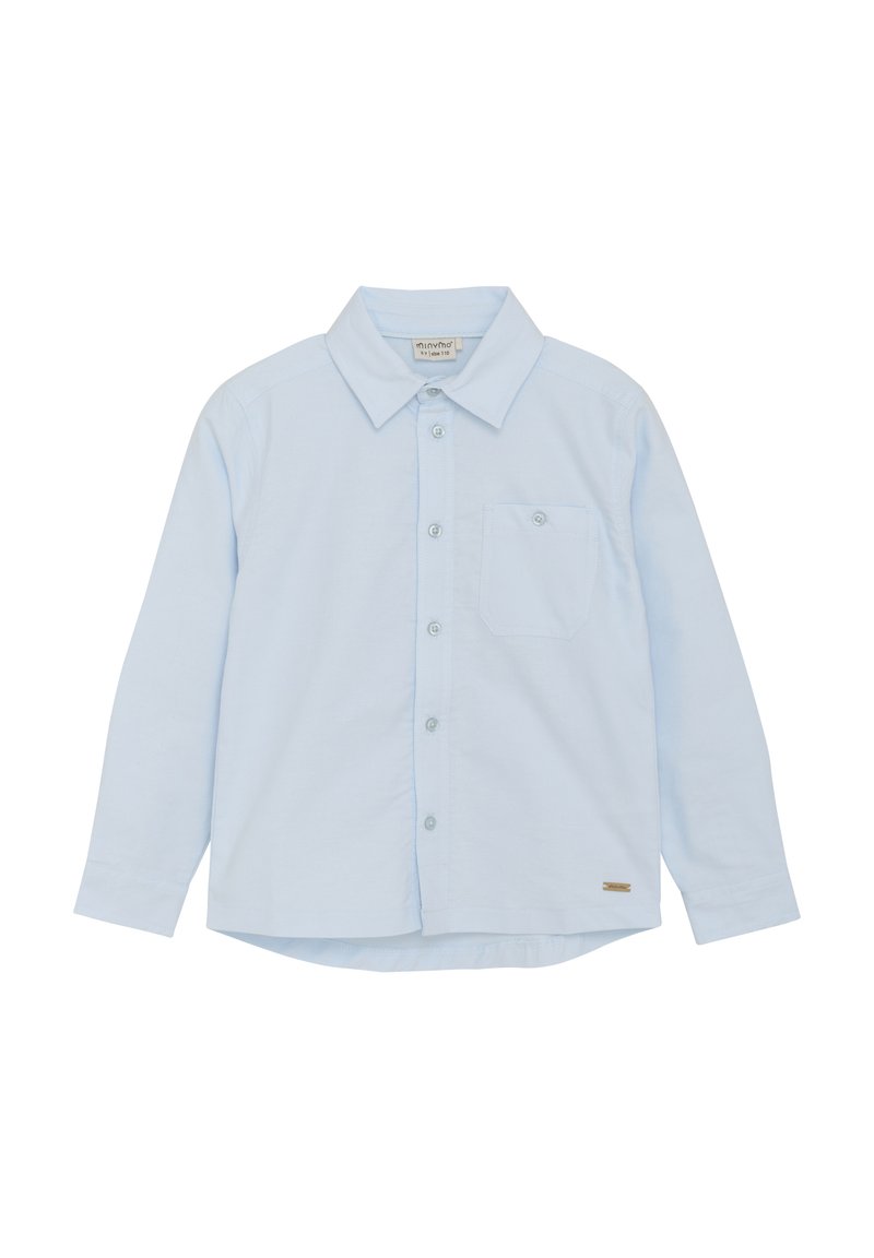 Lichtblauw lange mouwen shirt van katoen, met een kraag, knoopsluiting aan de voorkant en een enkele borstzak met een kleine metalen accent.