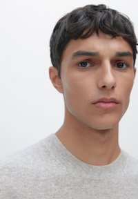Light gray knit sweater with a crew neckline. Model has short, dark hair and smooth skin, facing forward against a plain background.