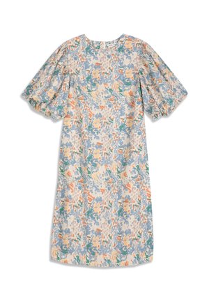 Vestido de corte holgado hasta la rodilla con mangas cortas abullonadas en un estampado floral abstracto en tonos pastel azul, naranja, verde y beige.