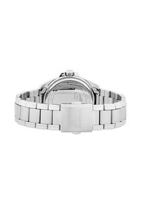 Reloj de acero inoxidable con un acabado pulido, correa de metal y un cierre seguro. Presenta una caja redonda y un respaldo de cristal transparente.