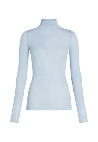 Ljusblå long-sleeve figurnära turtleneck-tröja med en slät yta, uppställd mot en vit bakgrund.