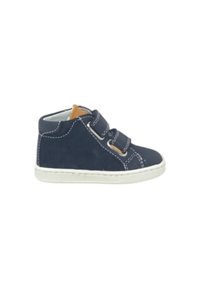 Scarpa per bambini blu navy in suede con cuciture bianche, design alto e due cinturini in Velcro regolabili per una facile calzata.