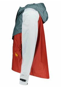 Kevyt, vedenpitävä takki punaisena, valkoisena ja tealina. Varustettu vetoketjukiinnityksellä, säädettävällä hupulla ja elastisilla hihoilla. Sisältää logo-yksityiskohtia.