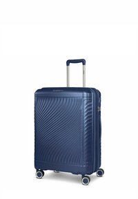 Maleta rígida de color azul marino con diseño de patrón de olas, asa retráctil, cuatro ruedas de 360 grados y acentos en plata en el zipper.