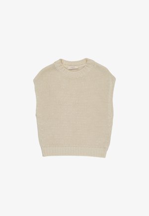 Beige gebreide mouwloze trui met geribde boord en zoom, platliggend op een witte achtergrond.